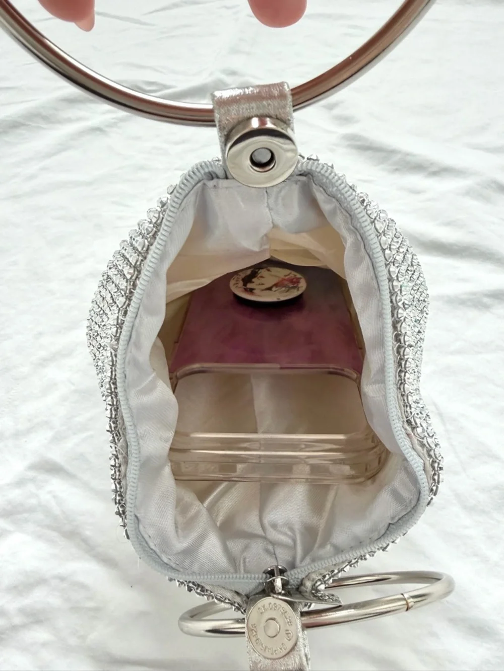 Silver Rhinestone Circle Handle Soft Handbag | Fits iPhone 17 Pro Max - Picture 9 of 12